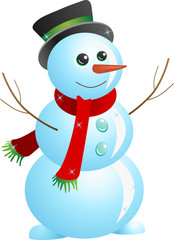 Cheerful snowman on white background (vector illustration)