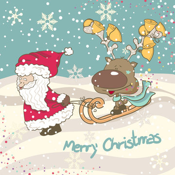 santa and reindeer sledging