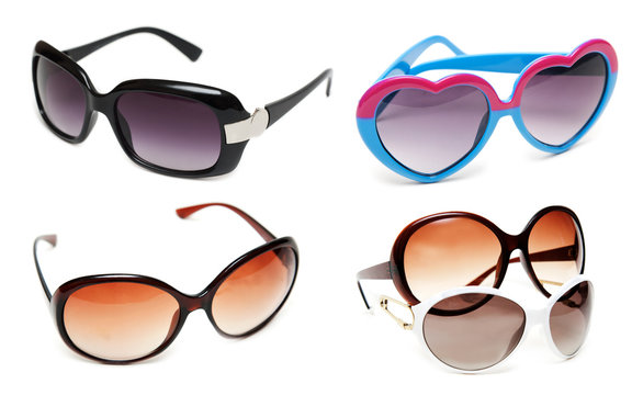 Collage sunglasses on white background