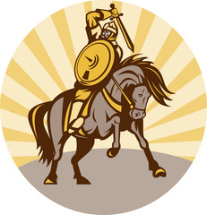 warrior with sword and shield on horse
