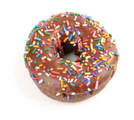 Donut with chocolate icing and colorful sprinkles