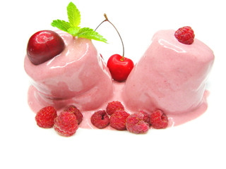 pink fruit ice-cream with cherry and raspberry