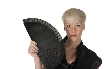 blond women with fan