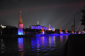 Kremlin Embankment at night, Moscow, Russia.