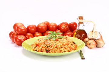 Risotto with tomatoes, onions, garlic and olive oil