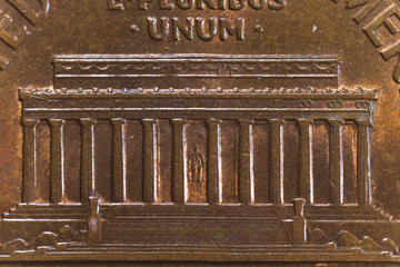 Extreme closeup of the Lincoln Memorial on the one cent coin