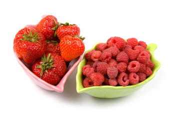 Ripe strawberries and raspberries
