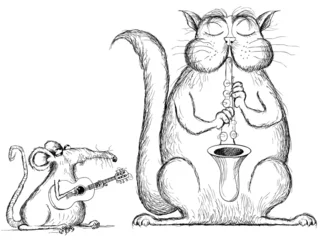 Foto op Aluminium cat and rat playing music in cartoon style © Isaxar