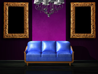 Blue leather sofa with luxury chandelier and picture frames