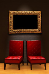 Two red chairs with empty frame in minimalist interior