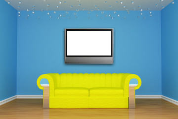 blue minimalist living room with yellow couch and LCD tv