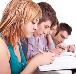 young student studying with her friends