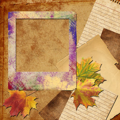 Autumn polaroid photo frame with leaves, fabric  and paper