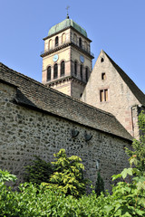 Fototapeta na wymiar Bell tower of the Sainte-Croix church in Kaysersberg