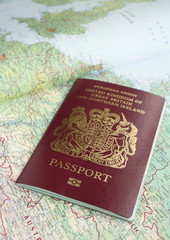 Great Britain passport and partial map of Europe