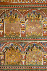 Painted woodwork in El Bahia Palace in Marrakesh, Morocco.