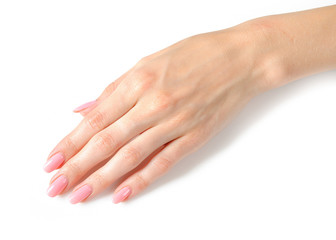Beautiful hands with perfect nail pink manicure. isolated on whi