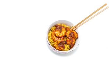 tiger shrimp and rice in curry sauce isolated