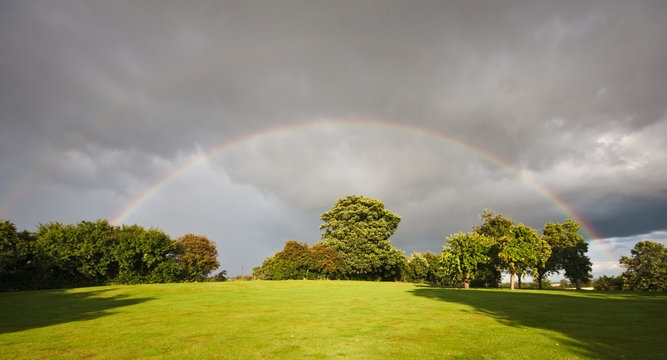 Rainbow over an orchard in summer