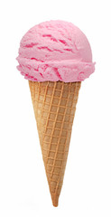Strawberry ice cream with cone or strawberry ice cream on white