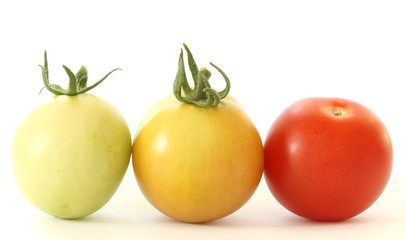 Three tomatoes colorful tomatoes on white background