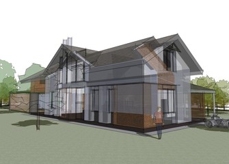 3D illustration of a large house in blueprint style.