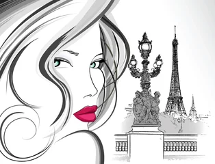 Vlies Fototapete Abbildung Paris Frau auf der Brücke Alexander III in Paris