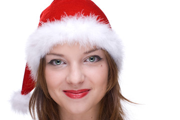 Closeup portrait of emotional girl in santa clause dress