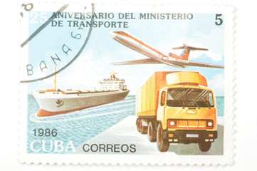 A stamp printed in Cuba showing transport, circa 1986