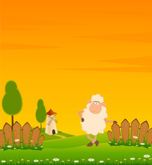 Obraz na płótnie Canvas landscape background with cartoon smiling sheep