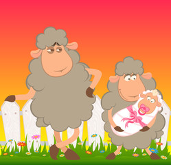 Obraz na płótnie Canvas Cartoon smiling sheep with baby