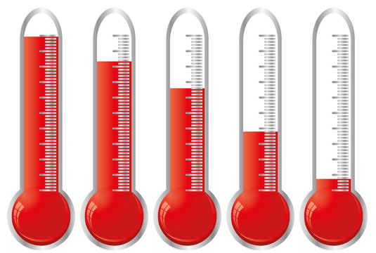 Set of thermometers with different levels of indicator fluid