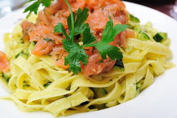 plate of pasta and smoked salmon