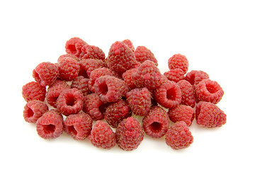 pile of fresh raspberries over white background