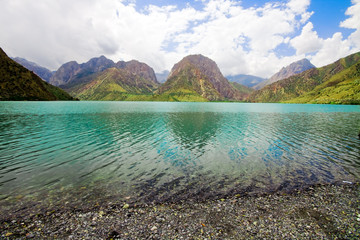 Mountain morraine lake under blue sky