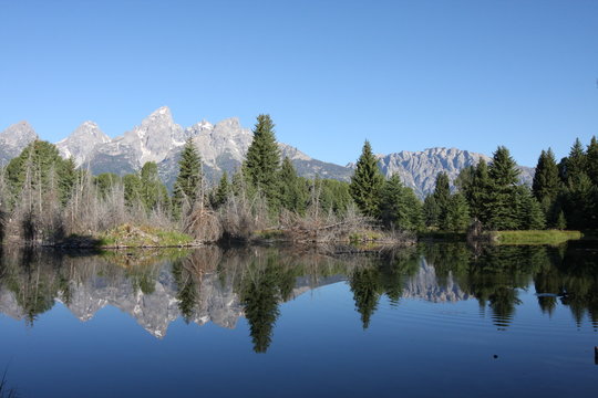 Grand Teton Mountain Range reflecting in lake