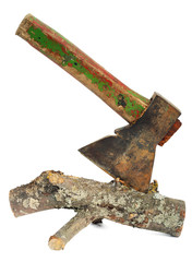Rusty axe and log