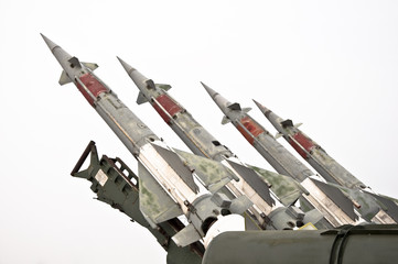 Several combat missiles aimed at the sky. Isolated