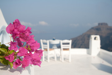 Breakfast table setting with mountain view
