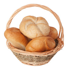 Crispy fresh rolls in a basket on a white background.
