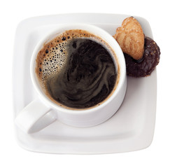 A cup of hot coffee and delicious chocolate cookies.