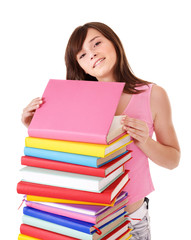Girl with pile colored book . Isolated.