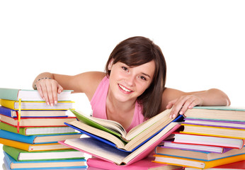 Girl with pile colored book. Isolated.