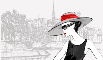 Deurstickers Illustratie Parijs vrouw over Ile de la cite en Ile Saint Louis in Parijs backgroun