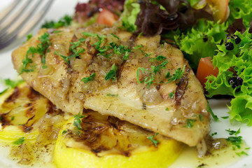 Welsfilet mit Schalottenbutter und Salat