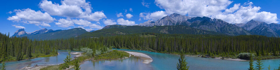 Panorama Shallow Crystal Blue Mountain River in Banff