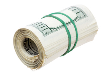 Roll of hundred US dollars isolated on white