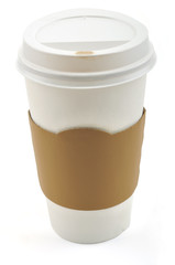 Paper coffee cup with cardboard collar on a white background