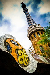 colourful outside shot of Gaudi's Park Güell in barcelona - obrazy, fototapety, plakaty