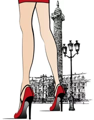 Foto op Plexiglas Illustratie Parijs Vrouw in de buurt van Vendome-kolom in Parijs